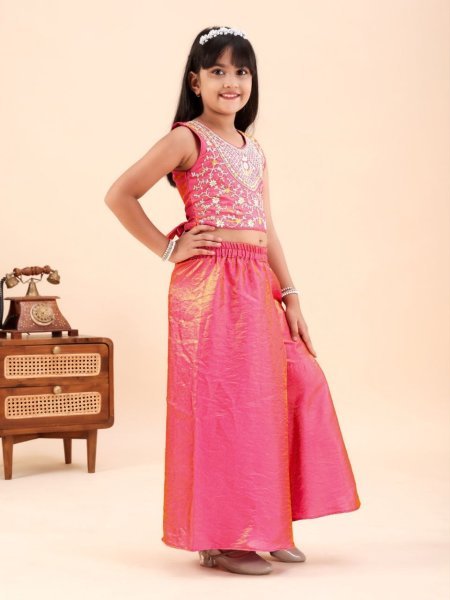 Stylish Pink Premium Kids Girls Party Wear Top Palazzo Set For Party Girls Wear