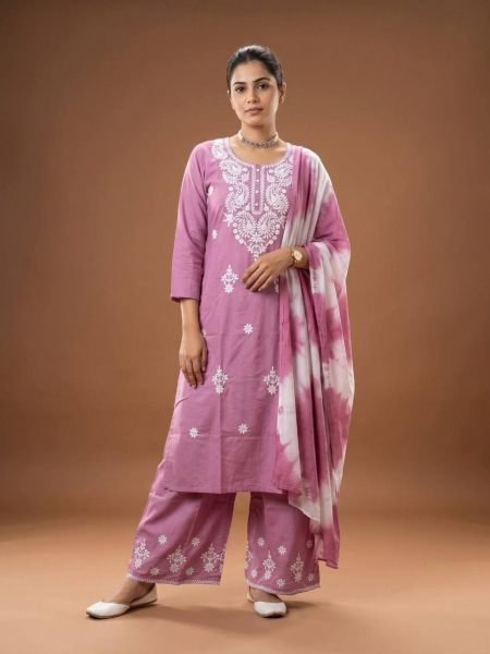 Stylish Pink Party Wear Rayon Cotton Kurti Pant Dupatta Set for Women 