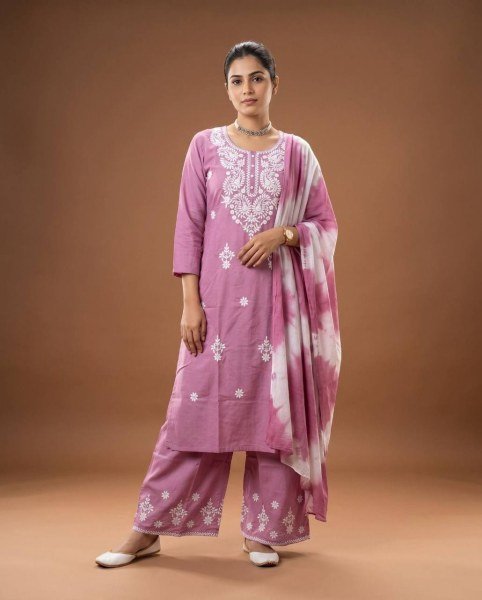 Stylish Pink Party Wear Rayon Cotton Kurti Pant Dupatta Set for Women Embroidery Kurtis 