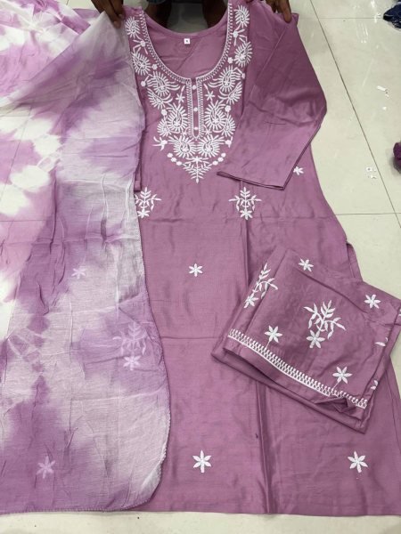 Stylish Pink Party Wear Rayon Cotton Kurti Pant Dupatta Set for Women Embroidery Kurtis 