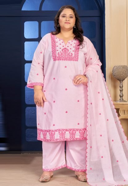 Stylish Pink Plus Size Cotton Ethnic Wear Set with Dupatta For Daily Wear Plus Size Kurti / Gown
