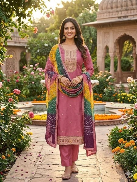 Stylish Pink Pure Roman Silk Unstitched Salwar Suit Material with Organza Dupatta 