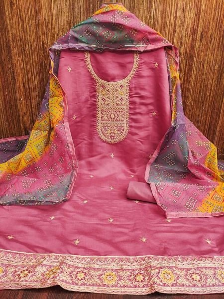 Stylish Pink Pure Roman Silk Unstitched Salwar Suit Material with Organza Dupatta Color Set Matching Dress Material Wholesale