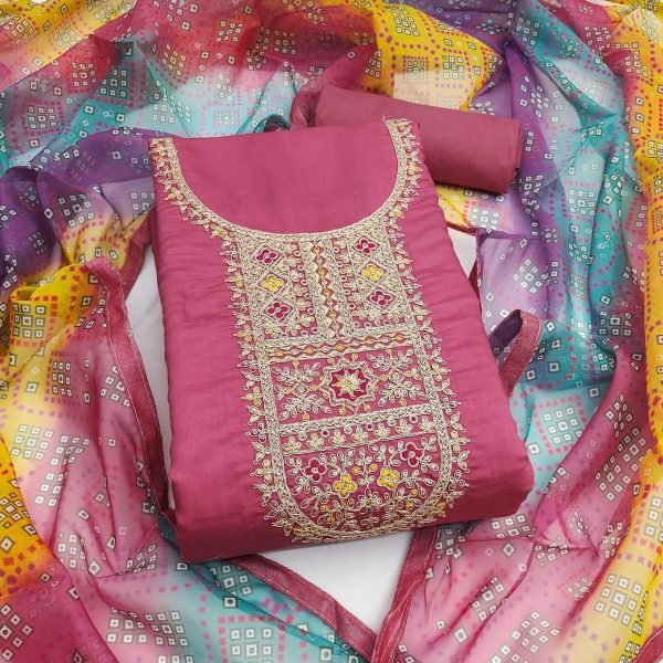 Stylish Pink Pure Roman Silk Unstitched Salwar Suit Material with Organza Dupatta Color Set Matching Dress Material Wholesale