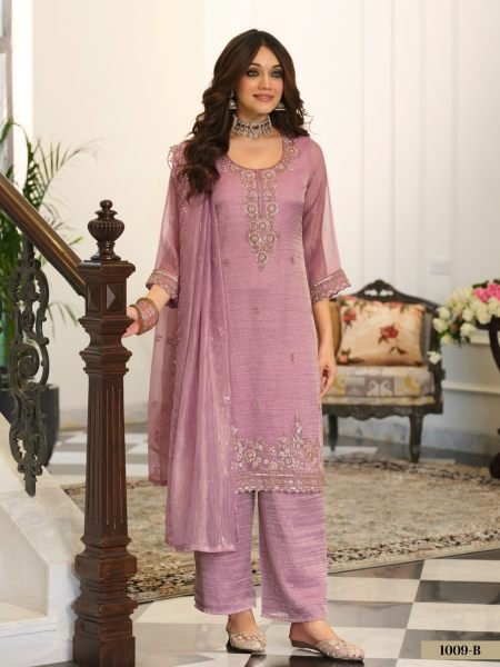 Stylish Pink Salsa Embroidered Top Palazzo Dupatta Set with Beads Work for Festival 