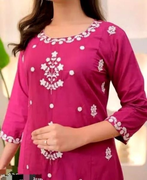 Stylish Pink Slub Cotton Embroidered Kurti Pant Set with Nazmin Dupatta for Women Ready to Wear Ethnic Wear Embroidery Kurtis 