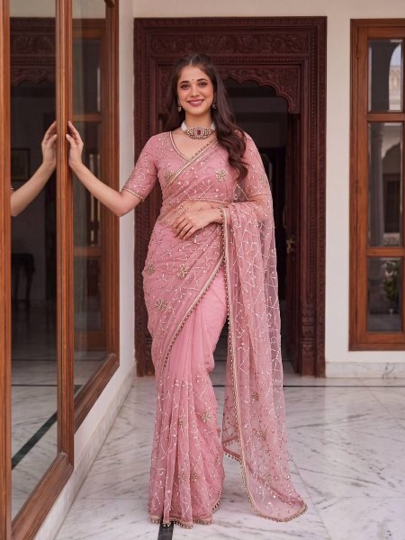 Stylish Pink Women's Net Embroidered Saree with Matching Designer Blouse 