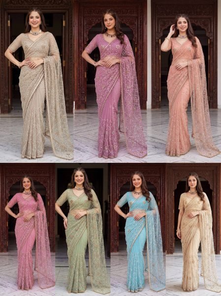 Stylish Pink Women's Net Embroidered Saree with Matching Designer Blouse Embroidery Sarees Wholesale