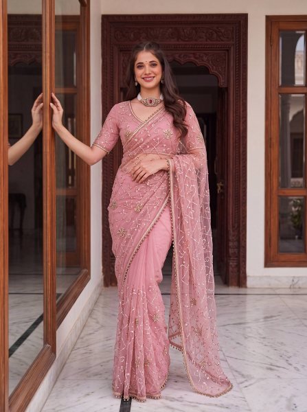 Stylish Pink Women's Net Embroidered Saree with Matching Designer Blouse Embroidery Sarees Wholesale
