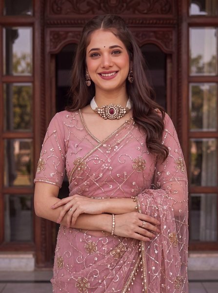 Stylish Pink Women's Net Embroidered Saree with Matching Designer Blouse Embroidery Sarees Wholesale