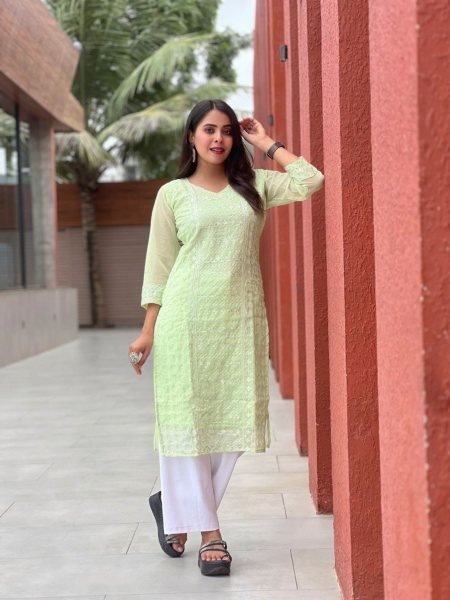 Stylish Pista Green Chikankari Kurti Georgette Modern Look  Kurtis
