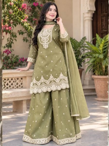 Stylish Pista Premium Crunchy Silk Top Sharara Palazzo Set with Dupatta at Manufacturer  Ready To Wear Suit