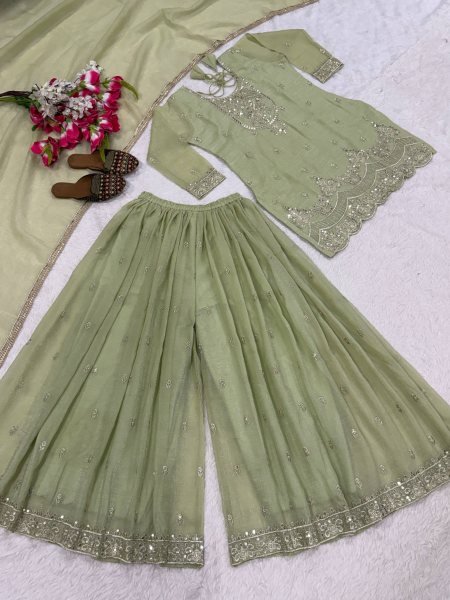 Stylish Pista Premium Crunchy Silk Top Sharara Palazzo Set with Dupatta at Manufacturer  Ready To Wear Collection
