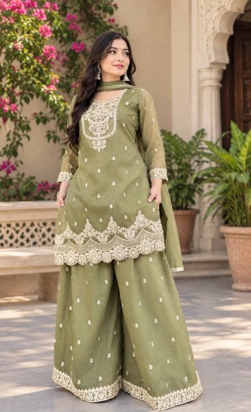 Stylish Pista Premium Crunchy Silk Top Sharara Palazzo Set with Dupatta at Manufacturer  Ready To Wear Collection