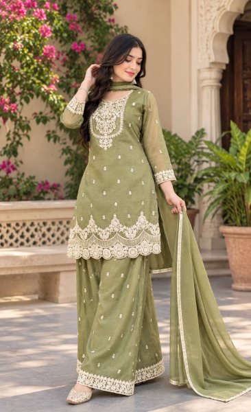Stylish Pista Premium Crunchy Silk Top Sharara Palazzo Set with Dupatta at Manufacturer  Ready To Wear Collection