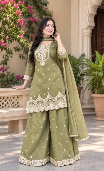 Stylish Pista Premium Crunchy Silk Top Sharara Palazzo Set with Dupatta at Manufacturer  Ready To Wear Collection