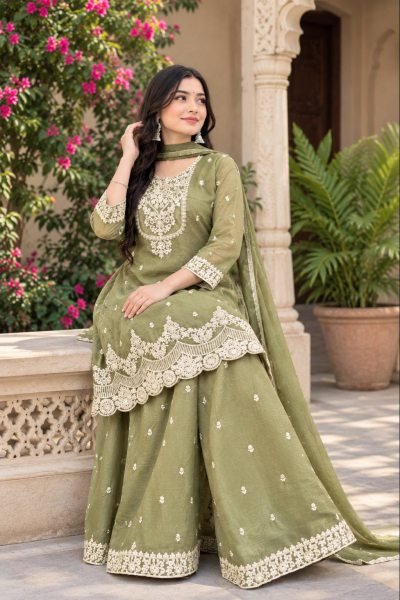 Stylish Pista Premium Crunchy Silk Top Sharara Palazzo Set with Dupatta at Manufacturer  Ready To Wear Collection