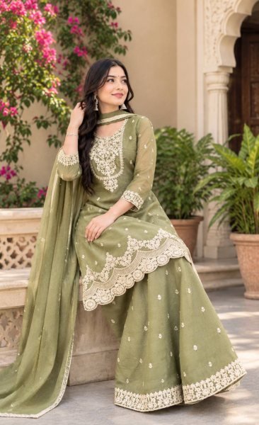 Stylish Pista Premium Crunchy Silk Top Sharara Palazzo Set with Dupatta at Manufacturer  Ready To Wear Collection