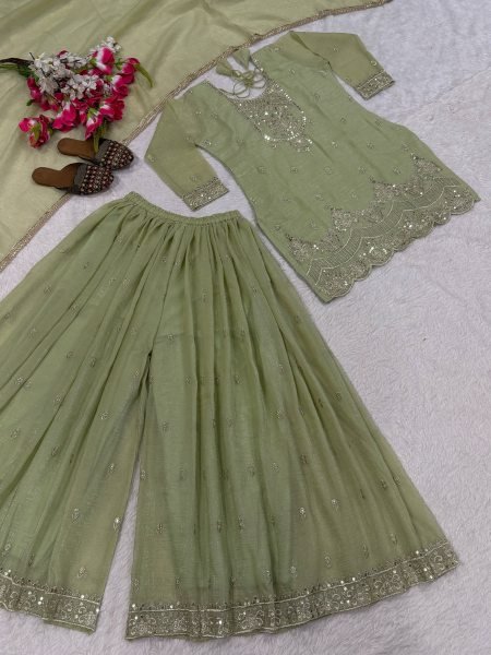 Stylish Pista Premium Crunchy Silk Top Sharara Palazzo Set with Dupatta at Manufacturer  Ready To Wear Collection