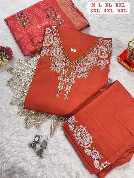Stylish Plus Size Embroidered Muslin Kurti with Jacquard Dupatta At Best Rate 3 Piece Kurti Set