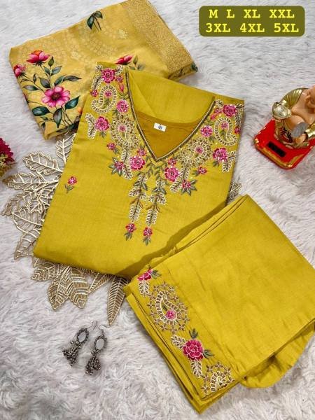 Stylish Plus Size Embroidered Muslin Kurti with Jacquard Dupatta At Best Rate 3 Piece Kurti Set