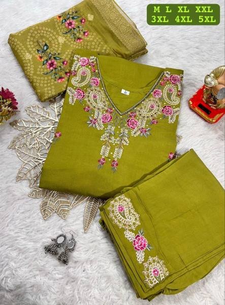 Stylish Plus Size Embroidered Muslin Kurti with Jacquard Dupatta At Best Rate 3 Piece Kurti Set