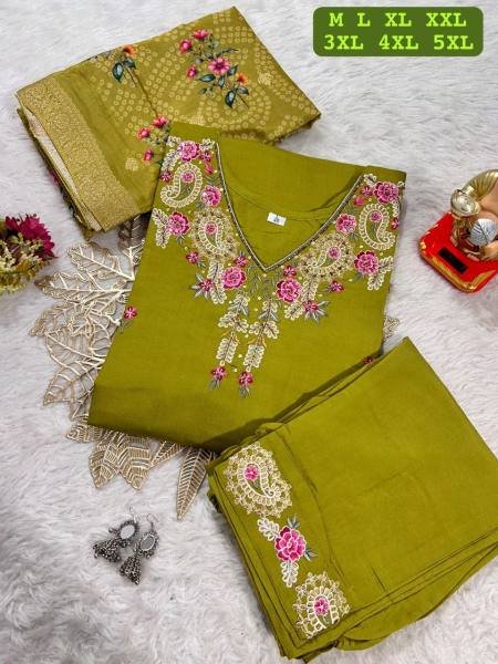 Stylish Plus Size Embroidered Muslin Kurti with Jacquard Dupatta At Best Rate 3 Piece Kurti Set