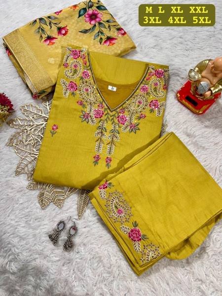 Stylish Plus Size Embroidered Muslin Kurti with Jacquard Dupatta At Best Rate 3 Piece Kurti Set