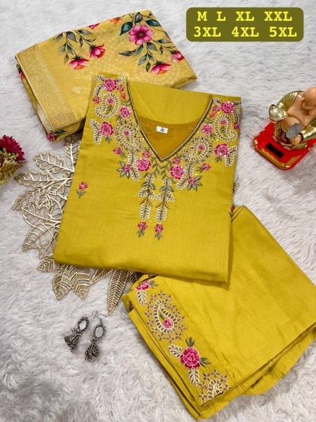 Stylish Plus Size Embroidered Muslin Kurti with Jacquard Dupatta At Best Rate 3 Piece Kurti Set