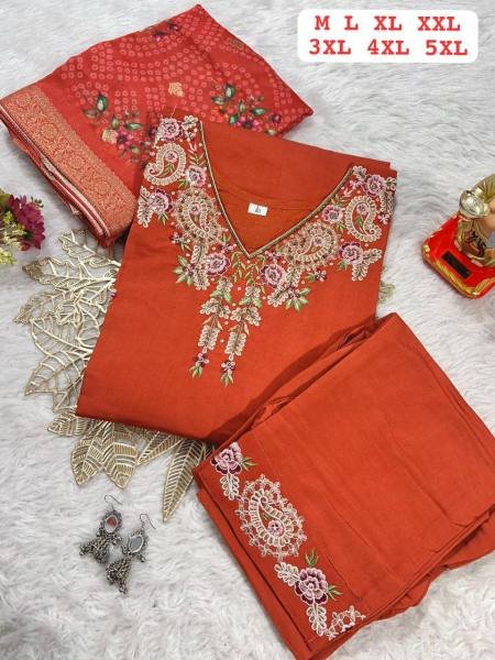 Stylish Plus Size Embroidered Muslin Kurti with Jacquard Dupatta At Best Rate 3 Piece Kurti Set
