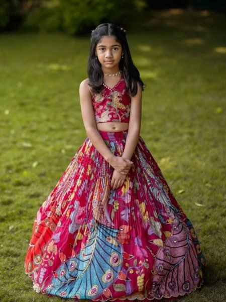 Stylish Printed and Embroidered Crepe Kids Lehenga Set with Net Dupatta  Kurtis