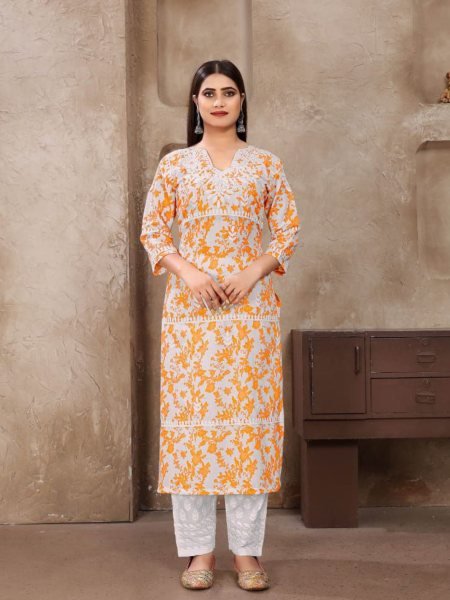 Stylish Pure Cotton Chikankari Kurta Pant Set Best Export Quality Dailywear Kurtis