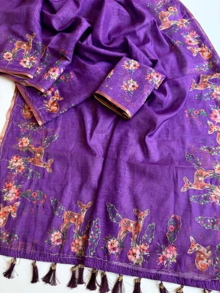 Stylish Purple Floral Digital Print Saree with Golden Aari Work for Party Wear Sarees 