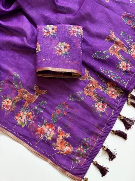Stylish Purple Floral Digital Print Saree with Golden Aari Work for Party Wear Printed Cotton Sarees Wholesale