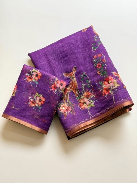Stylish Purple Floral Digital Print Saree with Golden Aari Work for Party Wear Printed Cotton Sarees Wholesale