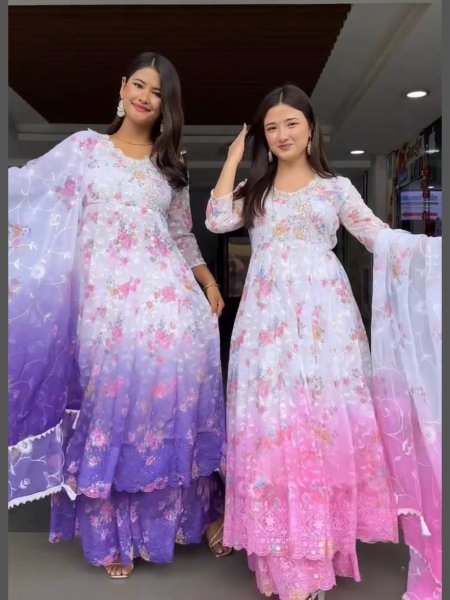 Stylish Purple Gradient Georgette Floral Gown with Embroidery Perfect for Weddings Ready To Wear Suit