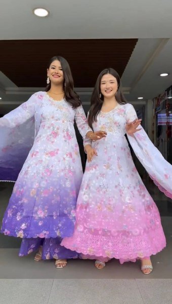 Stylish Purple Gradient Georgette Floral Gown with Embroidery Perfect for Weddings Ready To Wear Collection