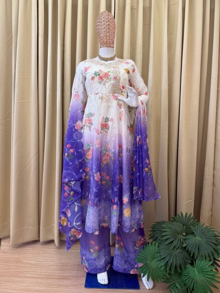 Stylish Purple Gradient Georgette Floral Gown with Embroidery Perfect for Weddings Ready To Wear Collection