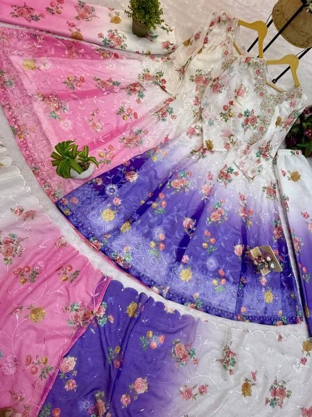 Stylish Purple Gradient Georgette Floral Gown with Embroidery Perfect for Weddings Ready To Wear Collection
