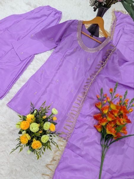 Stylish Purple Heavy Silk Crepe Embroidered Kurti Pant Set with Matching Heavy Silk Crepe Dupatta for Women Embroidery Kurtis 