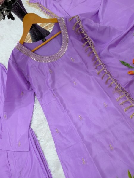 Stylish Purple Heavy Silk Crepe Embroidered Kurti Pant Set with Matching Heavy Silk Crepe Dupatta for Women Embroidery Kurtis 