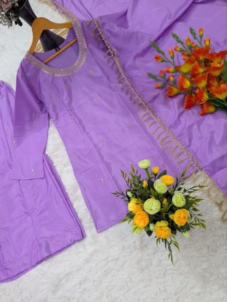 Stylish Purple Heavy Silk Crepe Embroidered Kurti Pant Set with Matching Heavy Silk Crepe Dupatta for Women Embroidery Kurtis 