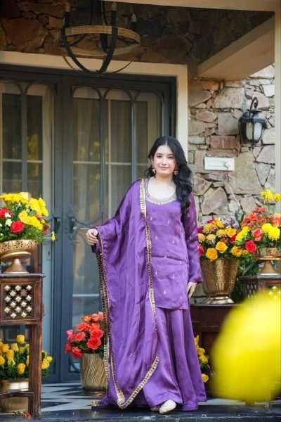 Stylish Purple Heavy Silk Crepe Embroidered Kurti Pant Set with Matching Heavy Silk Crepe Dupatta for Women Embroidery Kurtis 
