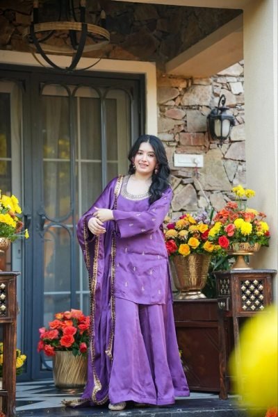 Stylish Purple Heavy Silk Crepe Embroidered Kurti Pant Set with Matching Heavy Silk Crepe Dupatta for Women Embroidery Kurtis 