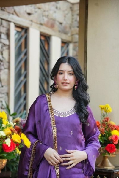 Stylish Purple Heavy Silk Crepe Embroidered Kurti Pant Set with Matching Heavy Silk Crepe Dupatta for Women Embroidery Kurtis 