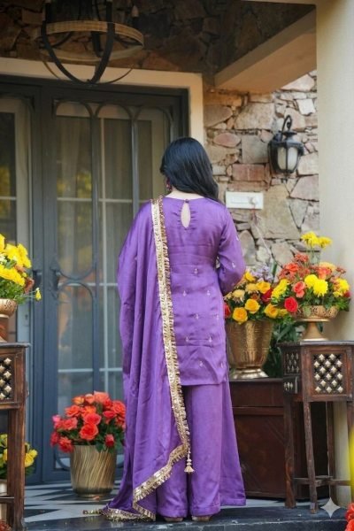 Stylish Purple Heavy Silk Crepe Embroidered Kurti Pant Set with Matching Heavy Silk Crepe Dupatta for Women Embroidery Kurtis 