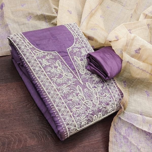 Stylish Purple Jamdani Cotton Suit Material with Multi Work for Festive Wear Cotton Dress Material