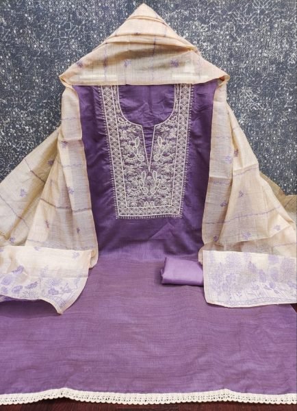 Stylish Purple Jamdani Cotton Suit Material with Multi Work for Festive Wear Cotton Dress Material