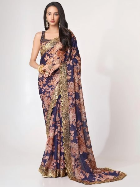Stylish Purple Organza Saree with Floral Digital Print and Zari Work For Wedding Sarees 