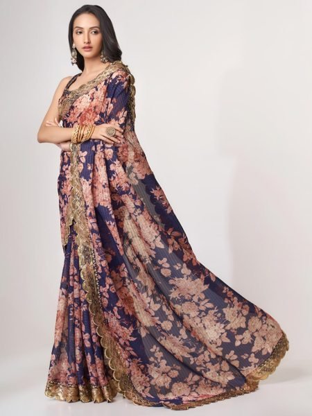 Stylish Purple Organza Saree with Floral Digital Print and Zari Work For Wedding Organza Sarees Wholesale